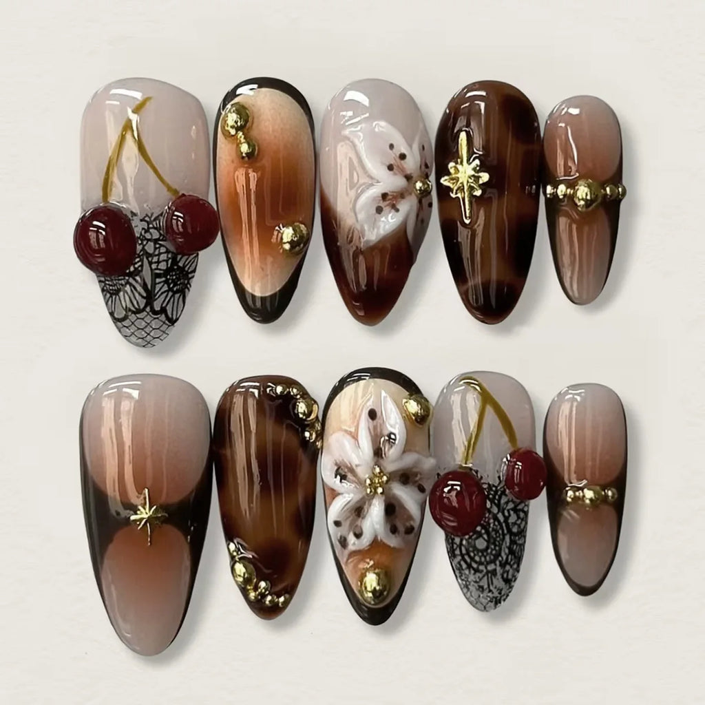 24Pcs Mid-length Gilded Almond Nails Set Press on 3D Flower Gradient Pink Full Cover False Nails Tips Pearl Reusable Fake Nails