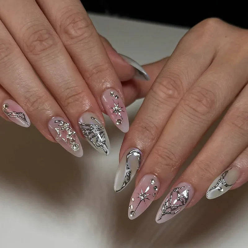 24Pcs Mid-length Gilded Almond Nails Set Press on 3D Flower Gradient Pink Full Cover False Nails Tips Pearl Reusable Fake Nails
