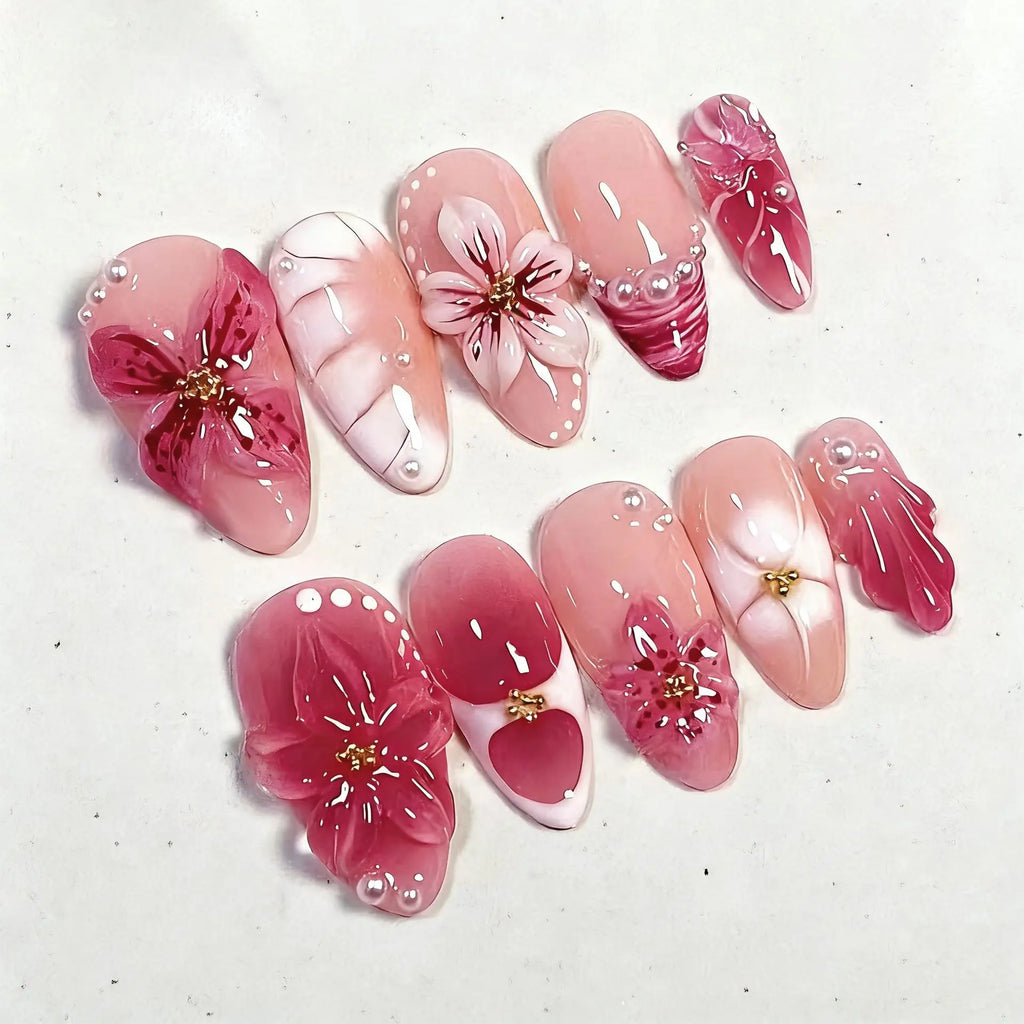 24Pcs Mid-length Gilded Almond Nails Set Press on 3D Flower Gradient Pink Full Cover False Nails Tips Pearl Reusable Fake Nails