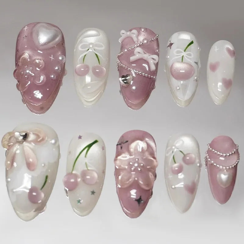 24Pcs Mid-length Gilded Almond Nails Set Press on 3D Flower Gradient Pink Full Cover False Nails Tips Pearl Reusable Fake Nails