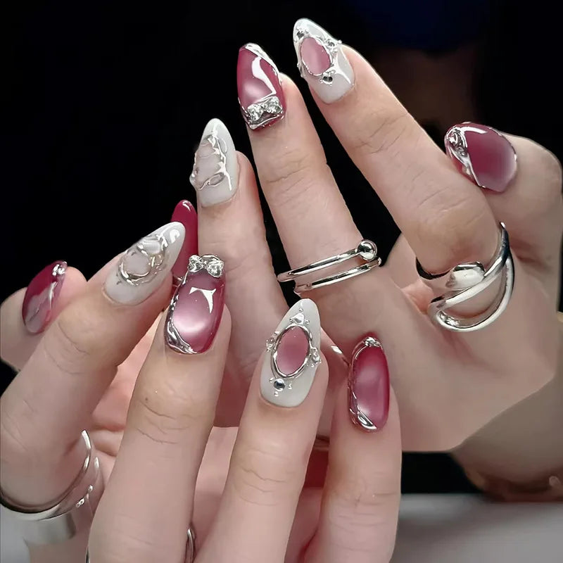 24Pcs Mid-length Gilded Almond Nails Set Press on 3D Flower Gradient Pink Full Cover False Nails Tips Pearl Reusable Fake Nails