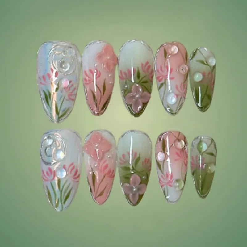 24Pcs Mid-length Gilded Almond Nails Set Press on 3D Flower Gradient Pink Full Cover False Nails Tips Pearl Reusable Fake Nails