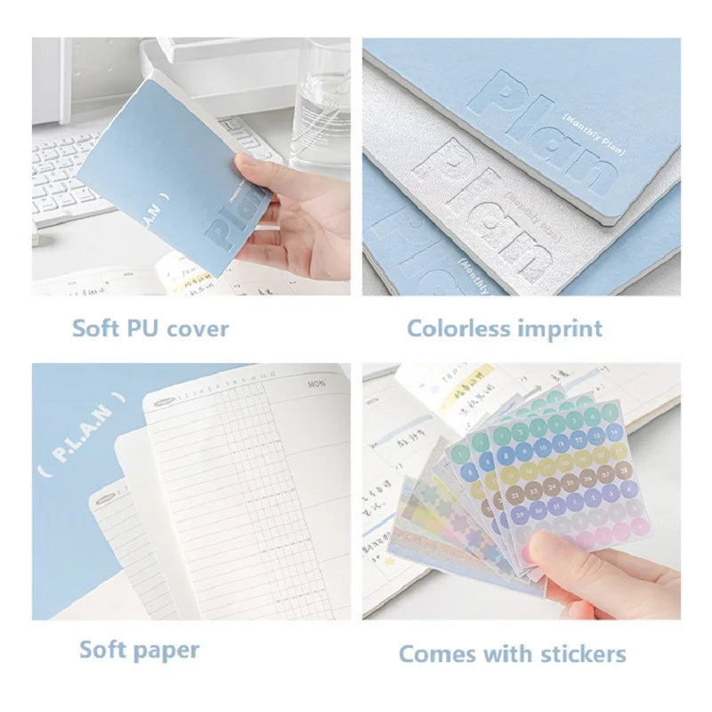 Planwith Undated Planner Notebook, Soft Leather A6/A7/Horizontal 32 Sheets Self-fill Monthly Daily Notepad, Portable To Do List