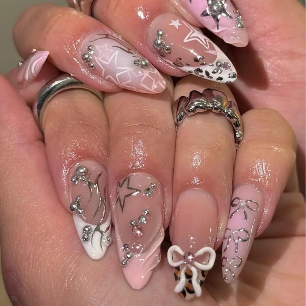 24Pcs Mid-length Gilded Almond Nails Set Press on 3D Flower Gradient Pink Full Cover False Nails Tips Pearl Reusable Fake Nails