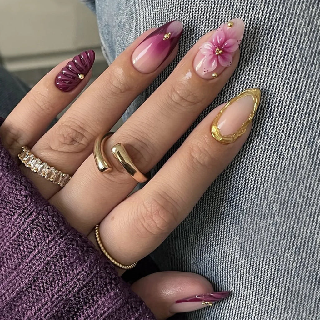 24Pcs Mid-length Gilded Almond Nails Set Press on 3D Flower Gradient Pink Full Cover False Nails Tips Pearl Reusable Fake Nails