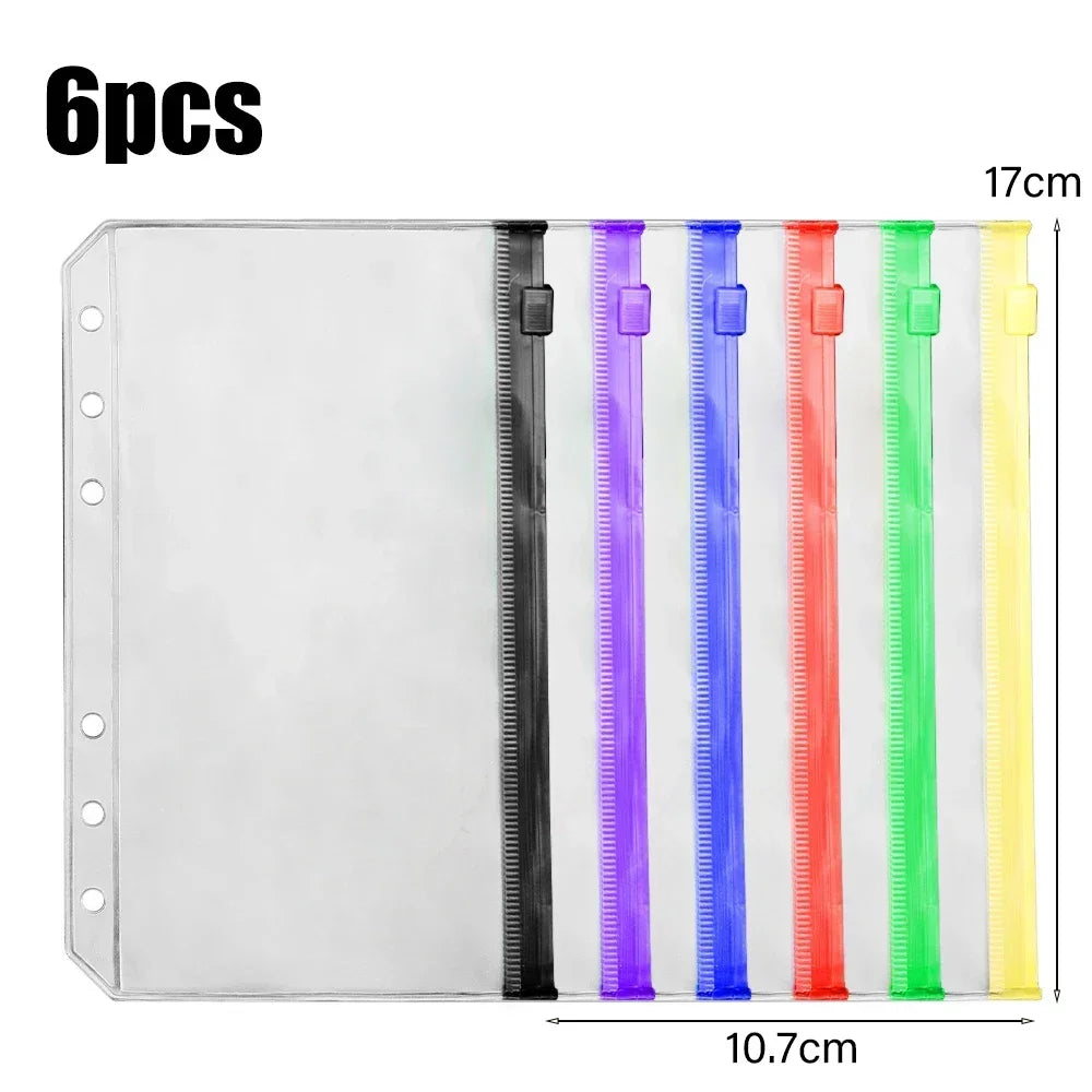 2/6/12Pcs Waterproof A6 6-Hole Binder Pockets Waterproof PVC Cash Budget Envelopes Zipper Binder Pouches for Notebook Planner