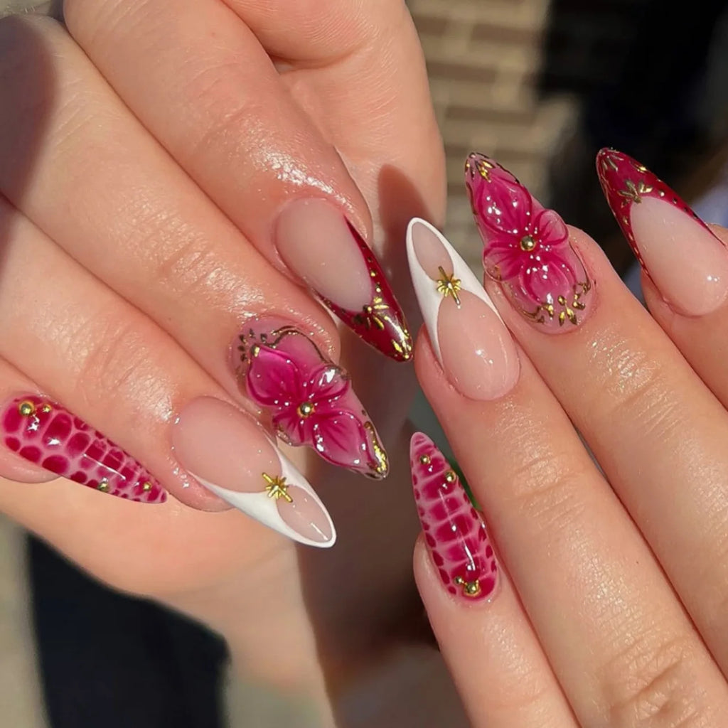 24Pcs Mid-length Gilded Almond Nails Set Press on 3D Flower Gradient Pink Full Cover False Nails Tips Pearl Reusable Fake Nails