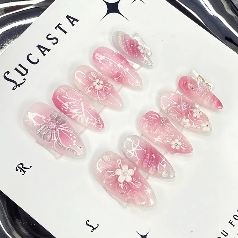 24Pcs Mid-length Gilded Almond Nails Set Press on 3D Flower Gradient Pink Full Cover False Nails Tips Pearl Reusable Fake Nails