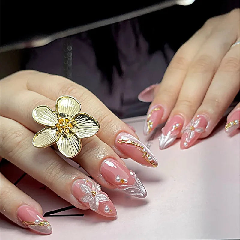24Pcs Mid-length Gilded Almond Nails Set Press on 3D Flower Gradient Pink Full Cover False Nails Tips Pearl Reusable Fake Nails
