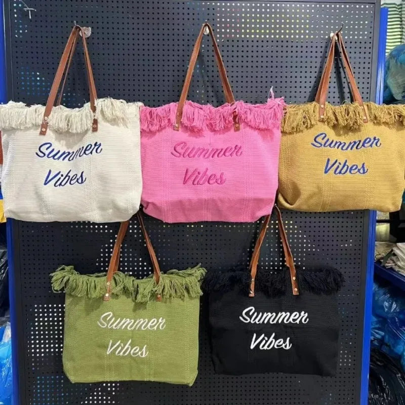 Large Capacity Canvas Beach Bag Tassel Design Summer Letter Tote Bag for Women Outdoor Travel Picnic Commuter Daily Use
