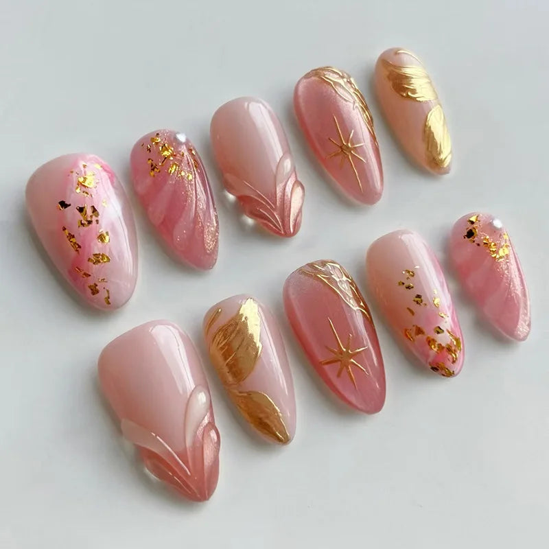 24Pcs Mid-length Gilded Almond Nails Set Press on 3D Flower Gradient Pink Full Cover False Nails Tips Pearl Reusable Fake Nails