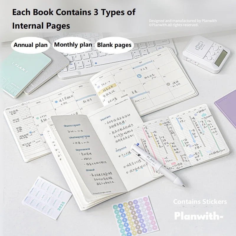 Planwith Undated Planner Notebook, Soft Leather A6/A7/Horizontal 32 Sheets Self-fill Monthly Daily Notepad, Portable To Do List