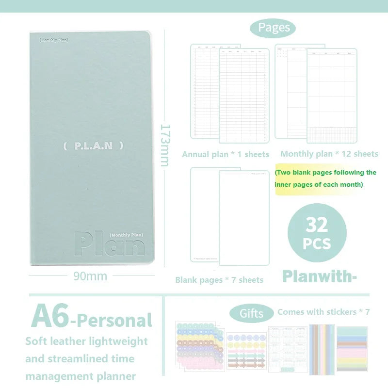 Planwith Undated Planner Notebook, Soft Leather A6/A7/Horizontal 32 Sheets Self-fill Monthly Daily Notepad, Portable To Do List