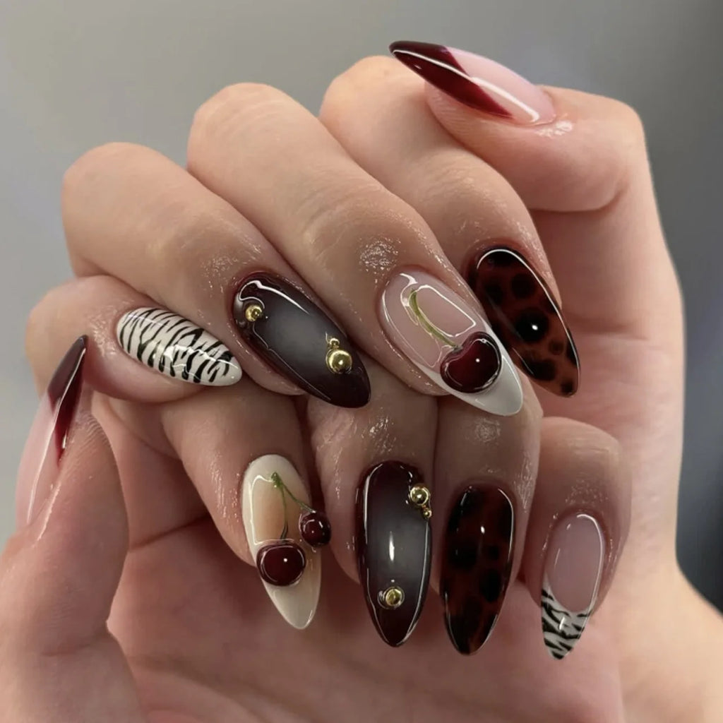 24Pcs Mid-length Gilded Almond Nails Set Press on 3D Flower Gradient Pink Full Cover False Nails Tips Pearl Reusable Fake Nails
