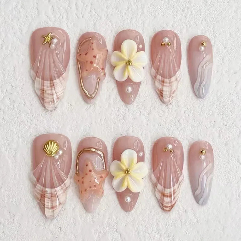 24Pcs Mid-length Gilded Almond Nails Set Press on 3D Flower Gradient Pink Full Cover False Nails Tips Pearl Reusable Fake Nails
