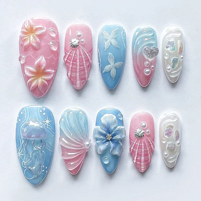 24Pcs Mid-length Gilded Almond Nails Set Press on 3D Flower Gradient Pink Full Cover False Nails Tips Pearl Reusable Fake Nails