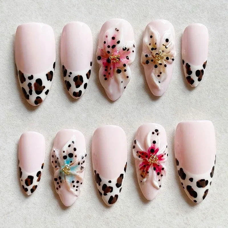 24Pcs Mid-length Gilded Almond Nails Set Press on 3D Flower Gradient Pink Full Cover False Nails Tips Pearl Reusable Fake Nails