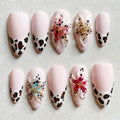 24Pcs Mid-length Gilded Almond Nails Set Press on 3D Flower Gradient Pink Full Cover False Nails Tips Pearl Reusable Fake Nails