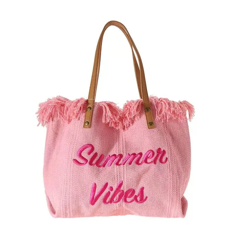 Large Capacity Canvas Beach Bag Tassel Design Summer Letter Tote Bag for Women Outdoor Travel Picnic Commuter Daily Use