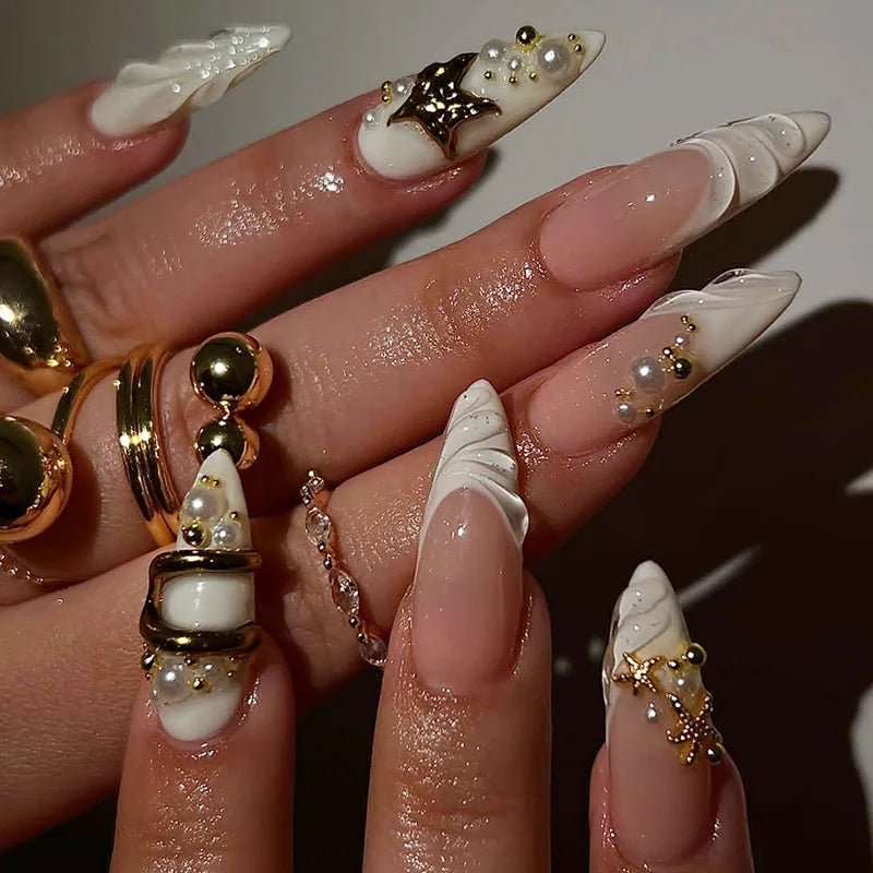 24Pcs Mid-length Gilded Almond Nails Set Press on 3D Flower Gradient Pink Full Cover False Nails Tips Pearl Reusable Fake Nails