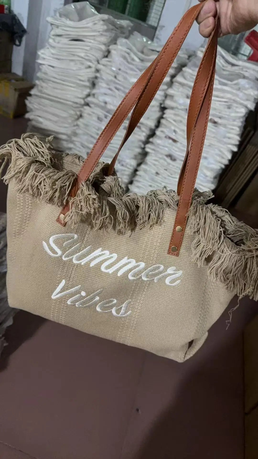 Large Capacity Canvas Beach Bag Tassel Design Summer Letter Tote Bag for Women Outdoor Travel Picnic Commuter Daily Use