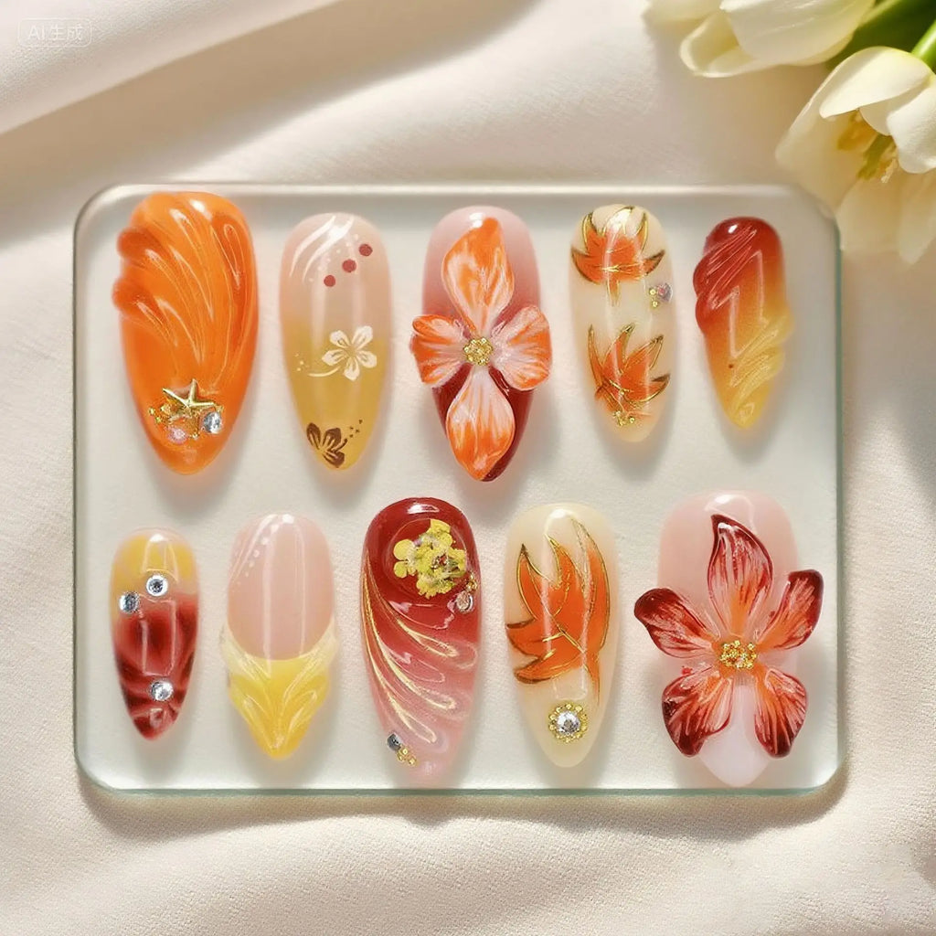24Pcs Mid-length Gilded Almond Nails Set Press on 3D Flower Gradient Pink Full Cover False Nails Tips Pearl Reusable Fake Nails