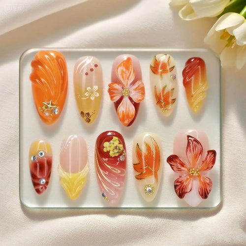 24Pcs Mid-length Gilded Almond Nails Set Press on 3D Flower Gradient Pink Full Cover False Nails Tips Pearl Reusable Fake Nails