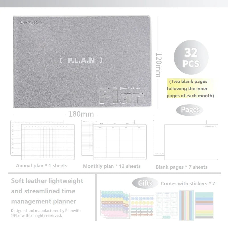 Planwith Undated Planner Notebook, Soft Leather A6/A7/Horizontal 32 Sheets Self-fill Monthly Daily Notepad, Portable To Do List