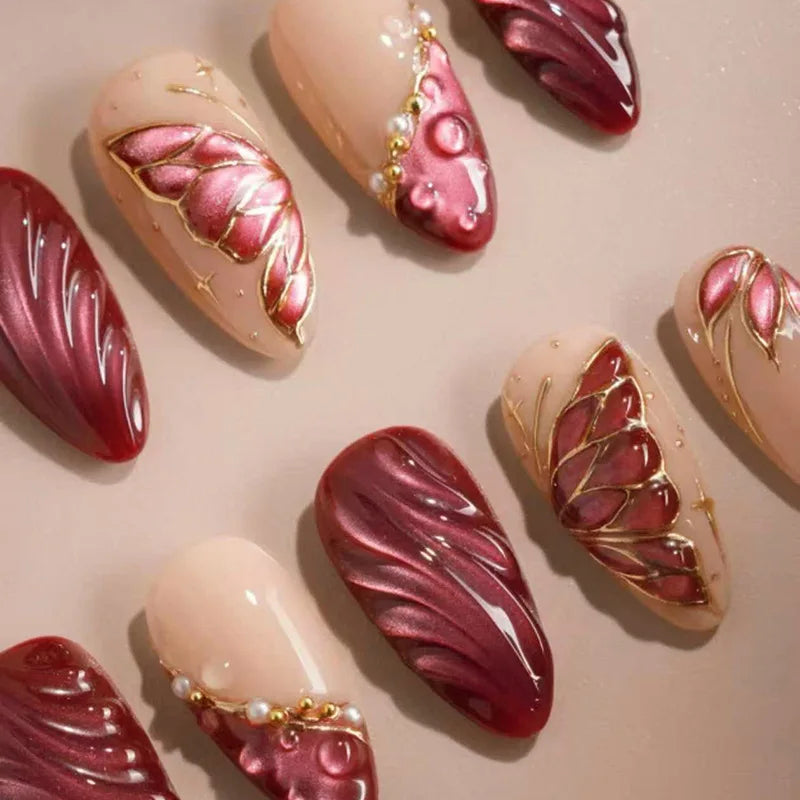 24Pcs Mid-length Gilded Almond Nails Set Press on 3D Flower Gradient Pink Full Cover False Nails Tips Pearl Reusable Fake Nails
