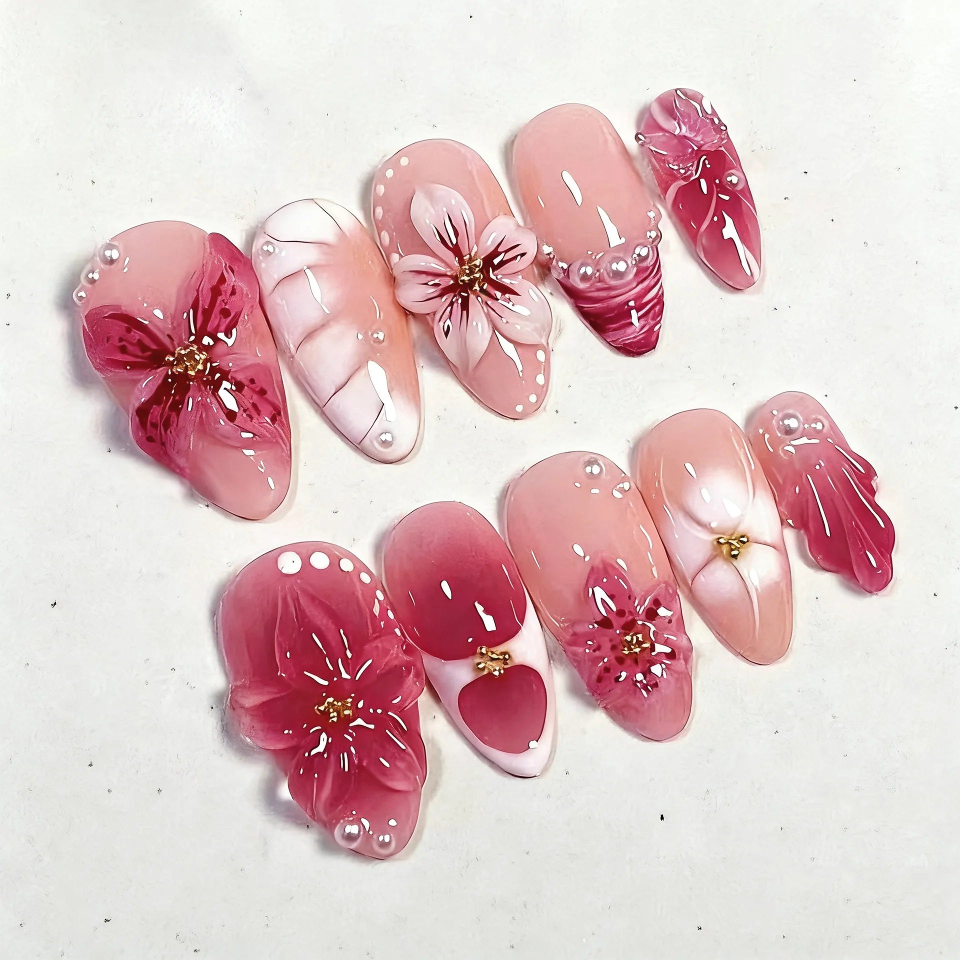 24Pcs Mid-length Gilded Almond Nails Set Press on 3D Flower Gradient Pink Full Cover False Nails Tips Pearl Reusable Fake Nails