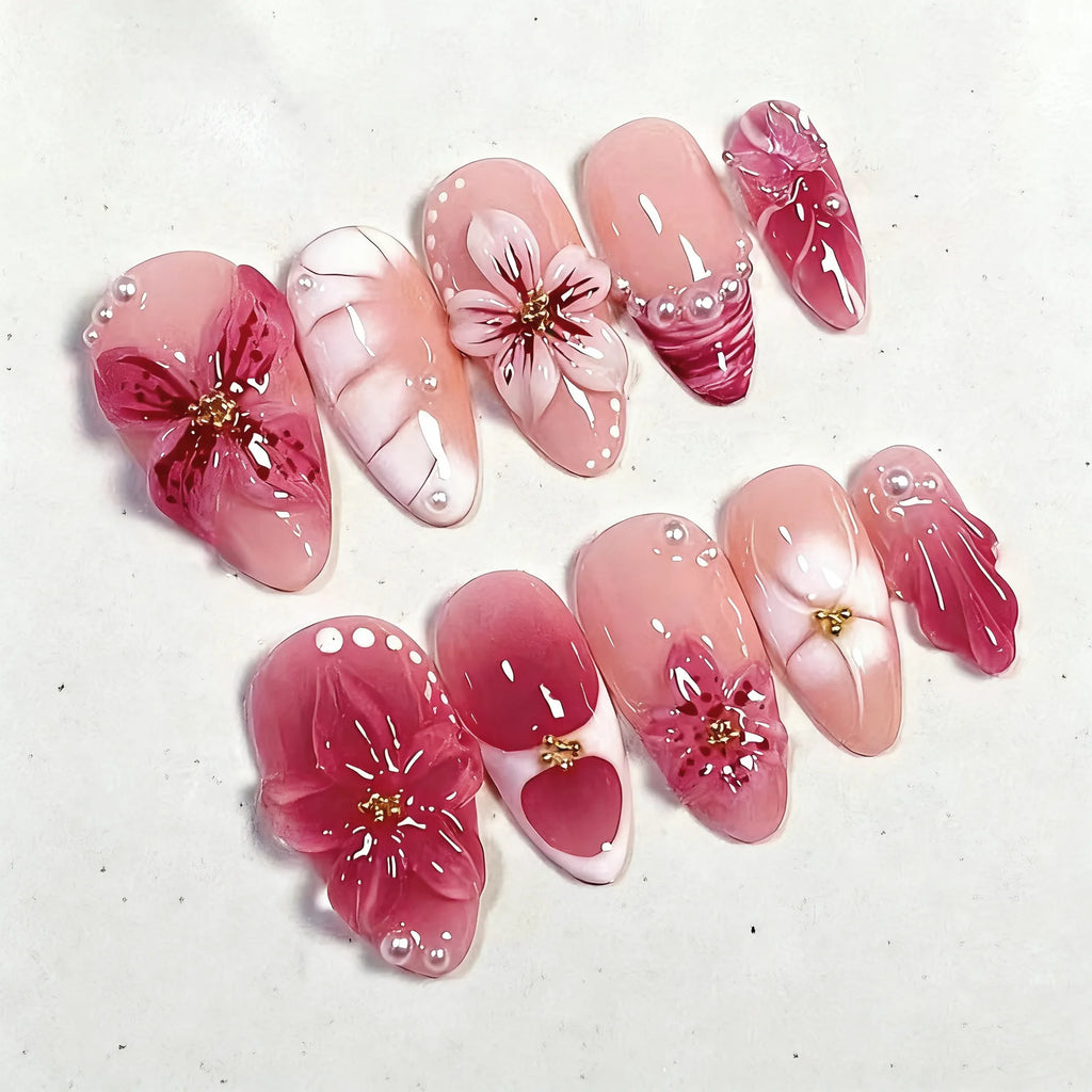 24Pcs Mid-length Gilded Almond Nails Set Press on 3D Flower Gradient Pink Full Cover False Nails Tips Pearl Reusable Fake Nails