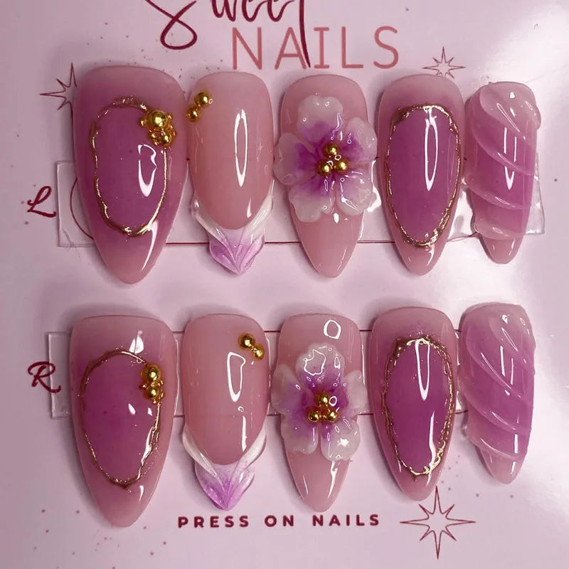 24Pcs Mid-length Gilded Almond Nails Set Press on 3D Flower Gradient Pink Full Cover False Nails Tips Pearl Reusable Fake Nails