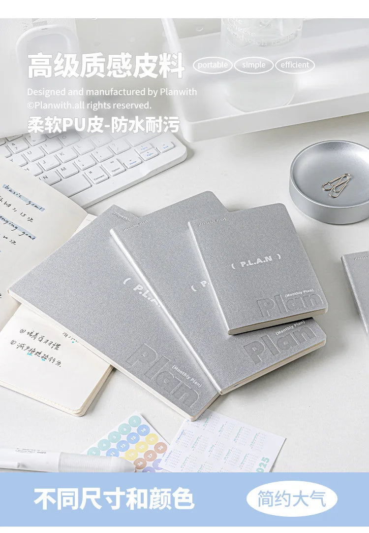 Planwith Undated Planner Notebook, Soft Leather A6/A7/Horizontal 32 Sheets Self-fill Monthly Daily Notepad, Portable To Do List