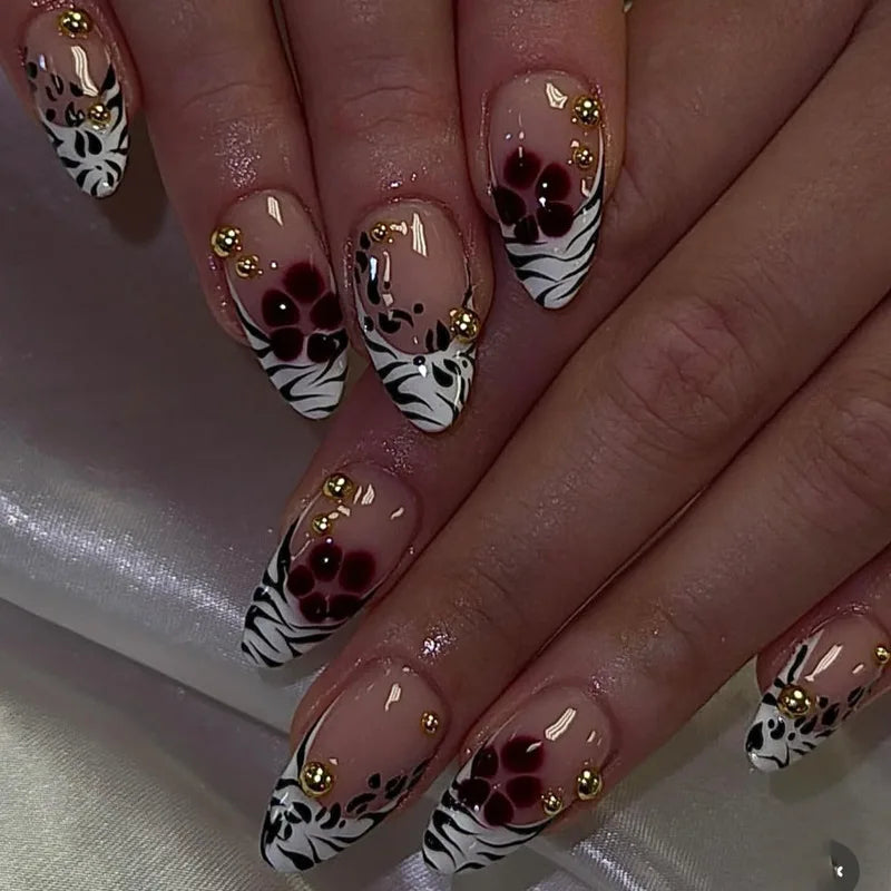24Pcs Mid-length Gilded Almond Nails Set Press on 3D Flower Gradient Pink Full Cover False Nails Tips Pearl Reusable Fake Nails