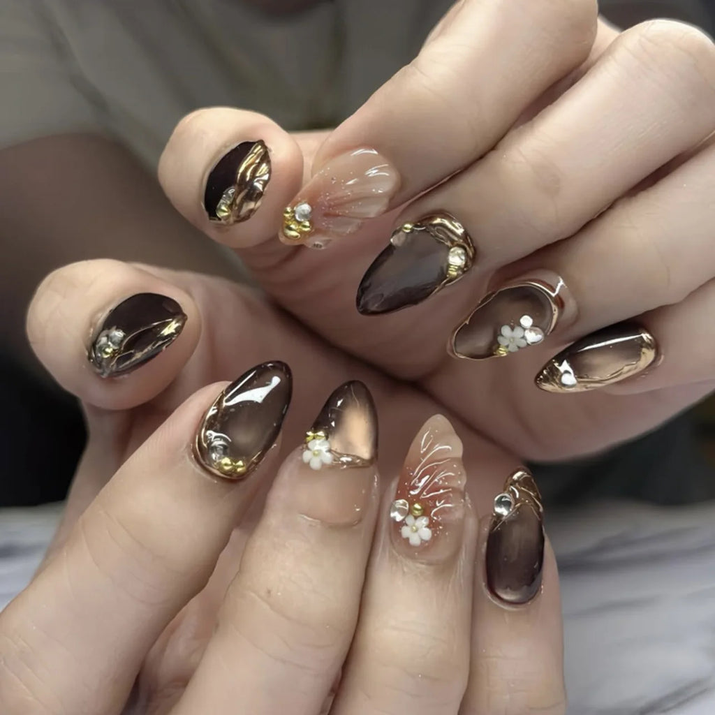 24Pcs Mid-length Gilded Almond Nails Set Press on 3D Flower Gradient Pink Full Cover False Nails Tips Pearl Reusable Fake Nails