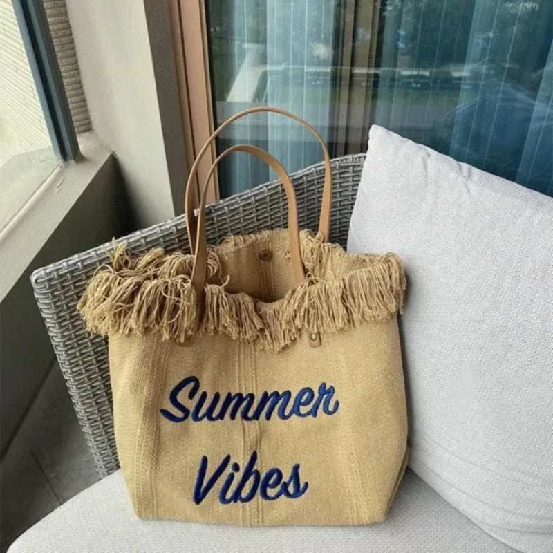 Large Capacity Canvas Beach Bag Tassel Design Summer Letter Tote Bag for Women Outdoor Travel Picnic Commuter Daily Use