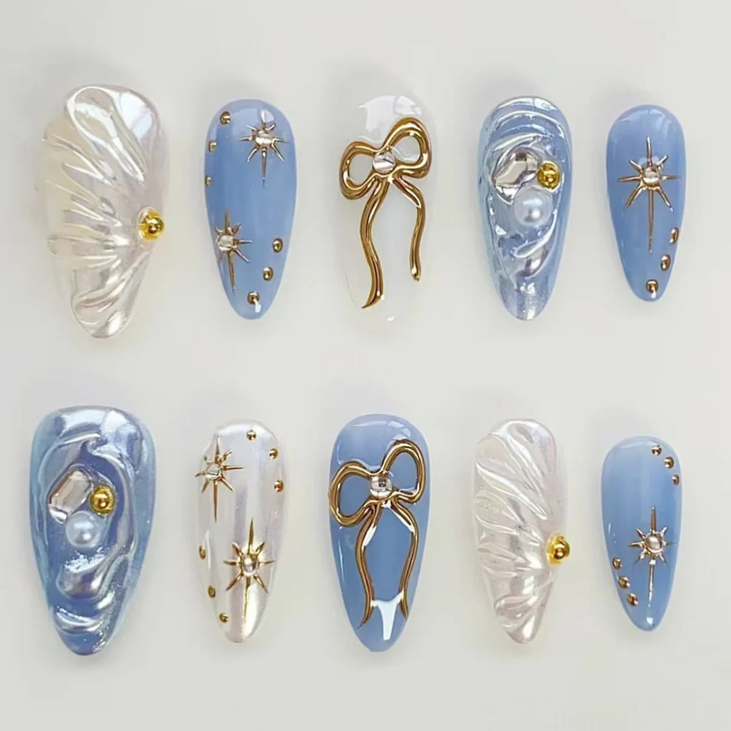 24Pcs Mid-length Gilded Almond Nails Set Press on 3D Flower Gradient Pink Full Cover False Nails Tips Pearl Reusable Fake Nails