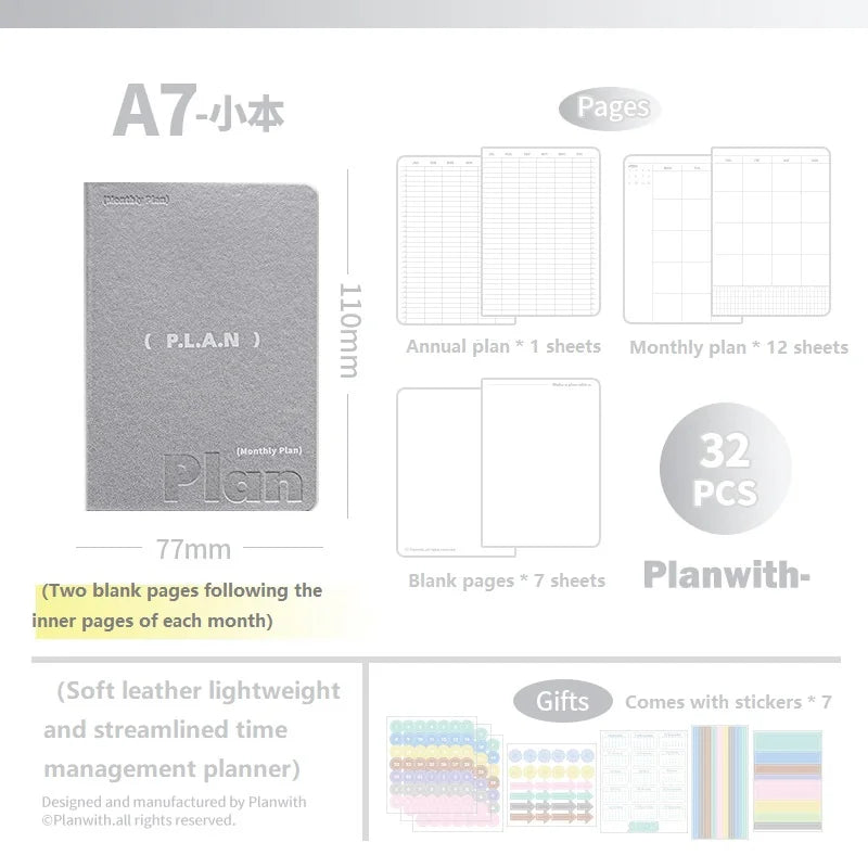 Planwith Undated Planner Notebook, Soft Leather A6/A7/Horizontal 32 Sheets Self-fill Monthly Daily Notepad, Portable To Do List
