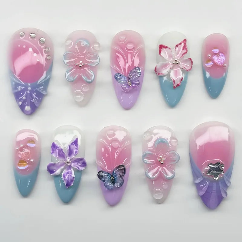 24Pcs Mid-length Gilded Almond Nails Set Press on 3D Flower Gradient Pink Full Cover False Nails Tips Pearl Reusable Fake Nails