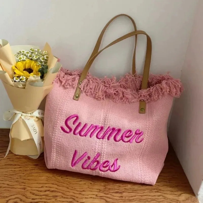 Large Capacity Canvas Beach Bag Tassel Design Summer Letter Tote Bag for Women Outdoor Travel Picnic Commuter Daily Use