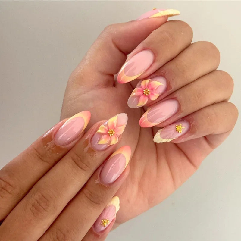 24Pcs Mid-length Gilded Almond Nails Set Press on 3D Flower Gradient Pink Full Cover False Nails Tips Pearl Reusable Fake Nails