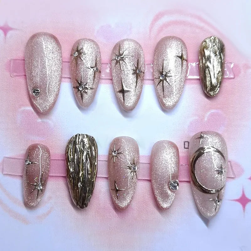 24Pcs Mid-length Gilded Almond Nails Set Press on 3D Flower Gradient Pink Full Cover False Nails Tips Pearl Reusable Fake Nails