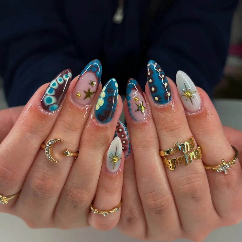 24Pcs Mid-length Gilded Almond Nails Set Press on 3D Flower Gradient Pink Full Cover False Nails Tips Pearl Reusable Fake Nails