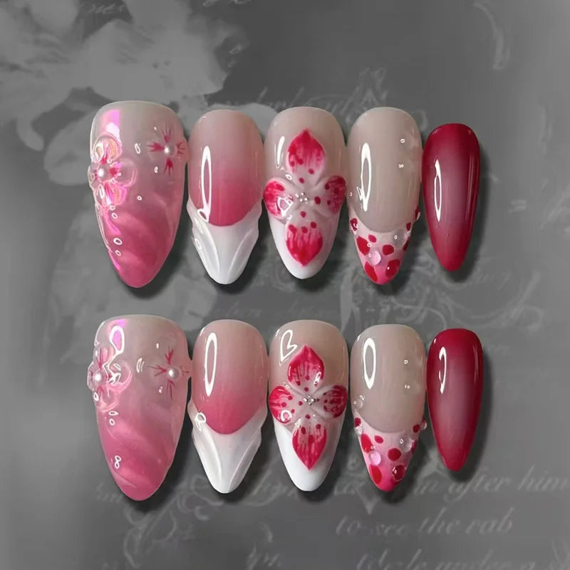 24Pcs Mid-length Gilded Almond Nails Set Press on 3D Flower Gradient Pink Full Cover False Nails Tips Pearl Reusable Fake Nails