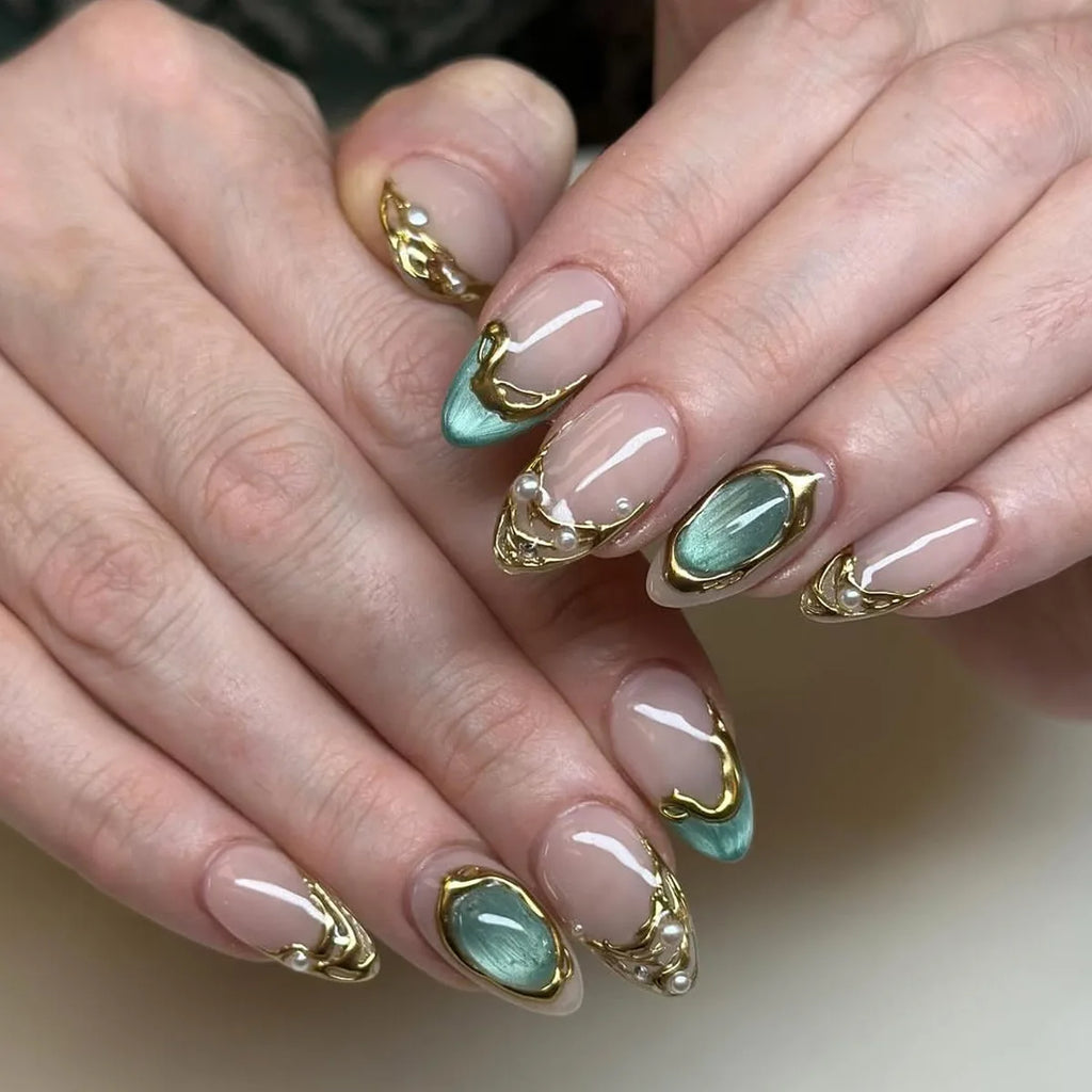 24Pcs Mid-length Gilded Almond Nails Set Press on 3D Flower Gradient Pink Full Cover False Nails Tips Pearl Reusable Fake Nails