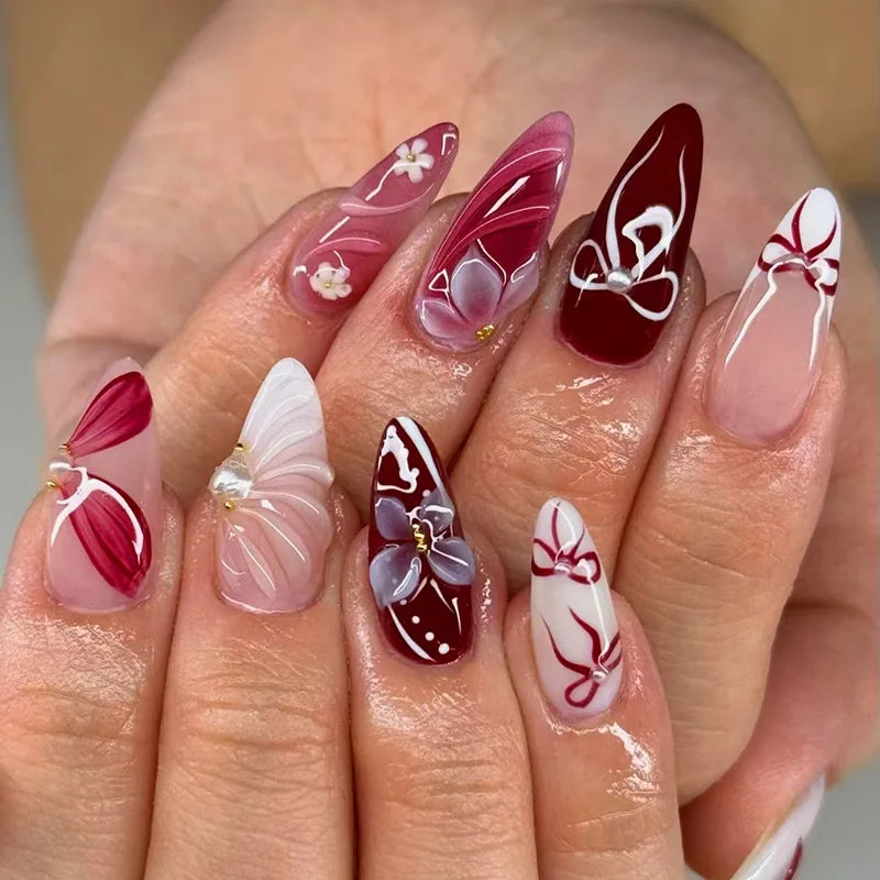 24Pcs Mid-length Gilded Almond Nails Set Press on 3D Flower Gradient Pink Full Cover False Nails Tips Pearl Reusable Fake Nails