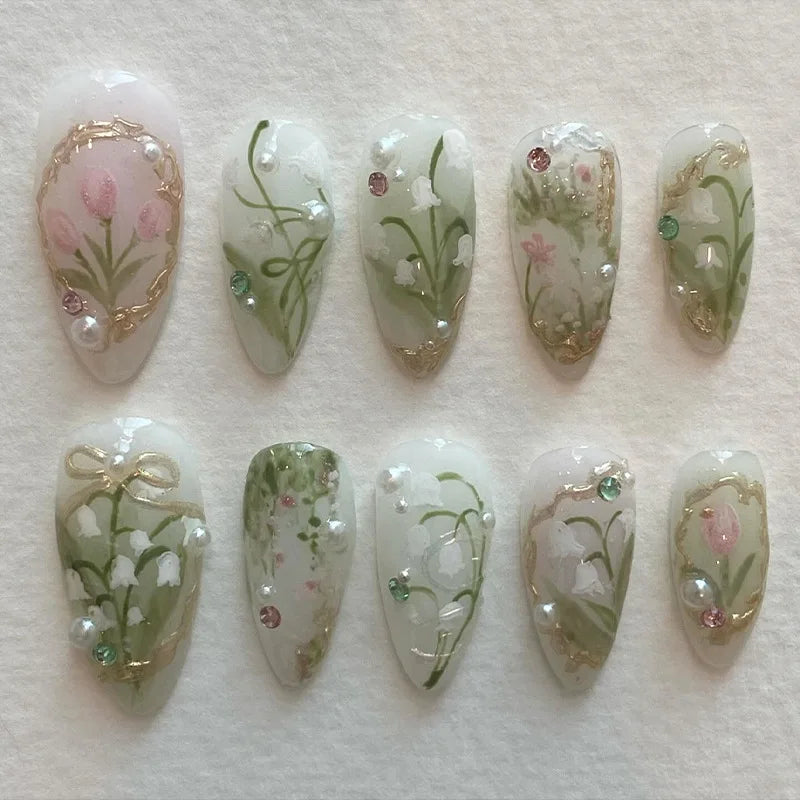 24Pcs Mid-length Gilded Almond Nails Set Press on 3D Flower Gradient Pink Full Cover False Nails Tips Pearl Reusable Fake Nails