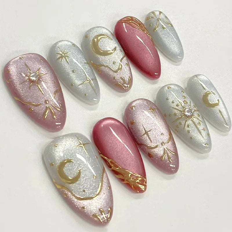 24Pcs Mid-length Gilded Almond Nails Set Press on 3D Flower Gradient Pink Full Cover False Nails Tips Pearl Reusable Fake Nails