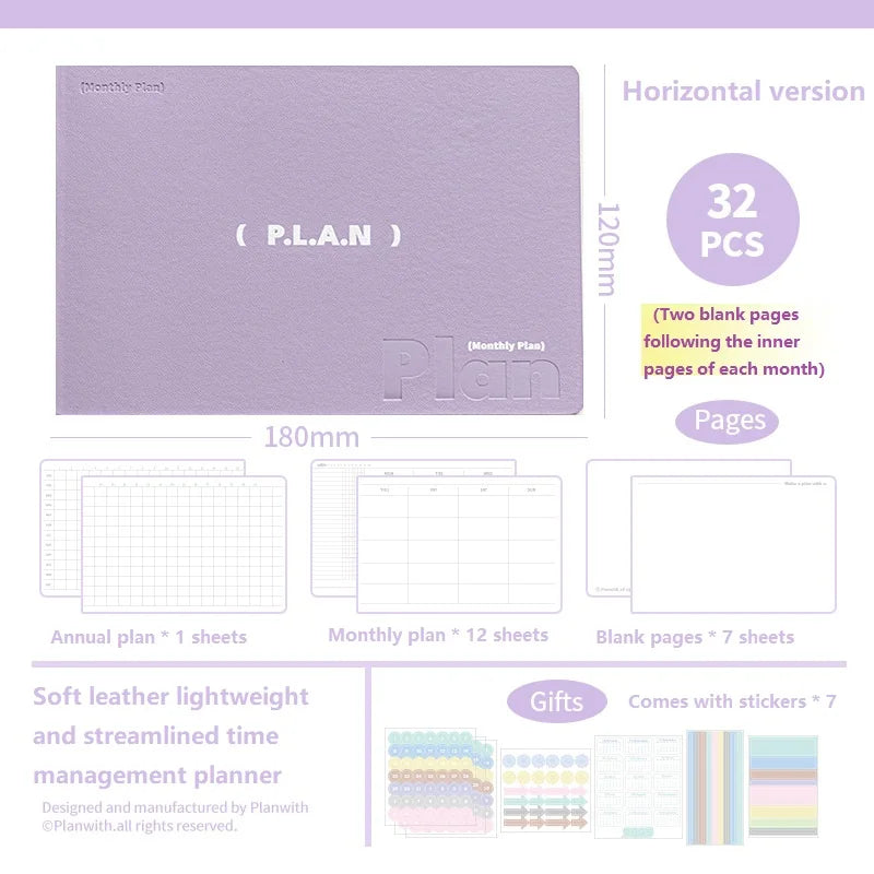 Planwith Undated Planner Notebook, Soft Leather A6/A7/Horizontal 32 Sheets Self-fill Monthly Daily Notepad, Portable To Do List