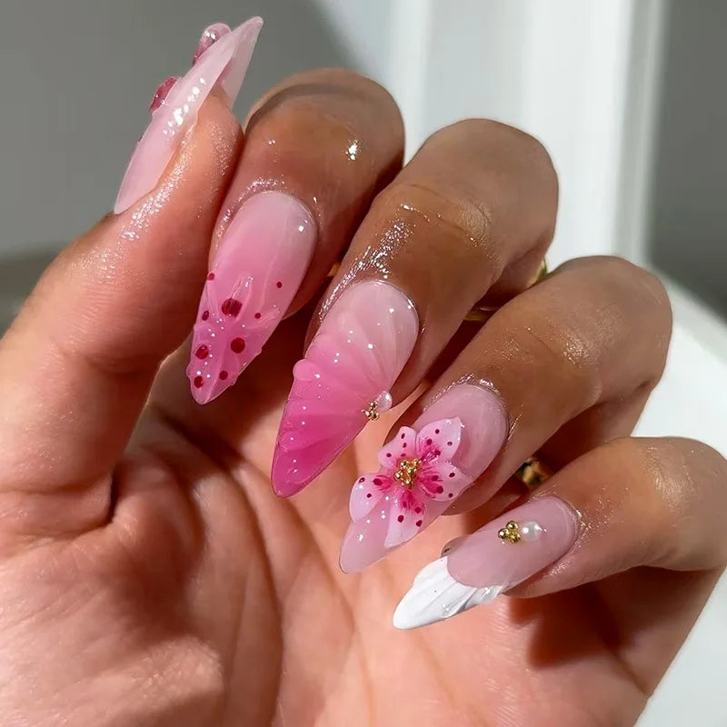 24Pcs Mid-length Gilded Almond Nails Set Press on 3D Flower Gradient Pink Full Cover False Nails Tips Pearl Reusable Fake Nails